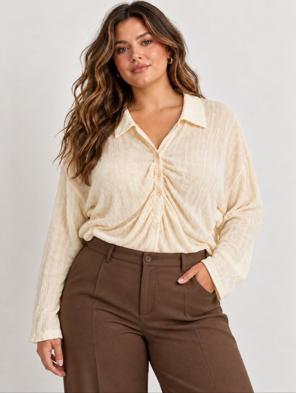 NWT PrettyLittleThing Cream Textured Ruched Button Up Bodysuit Plus Size 18